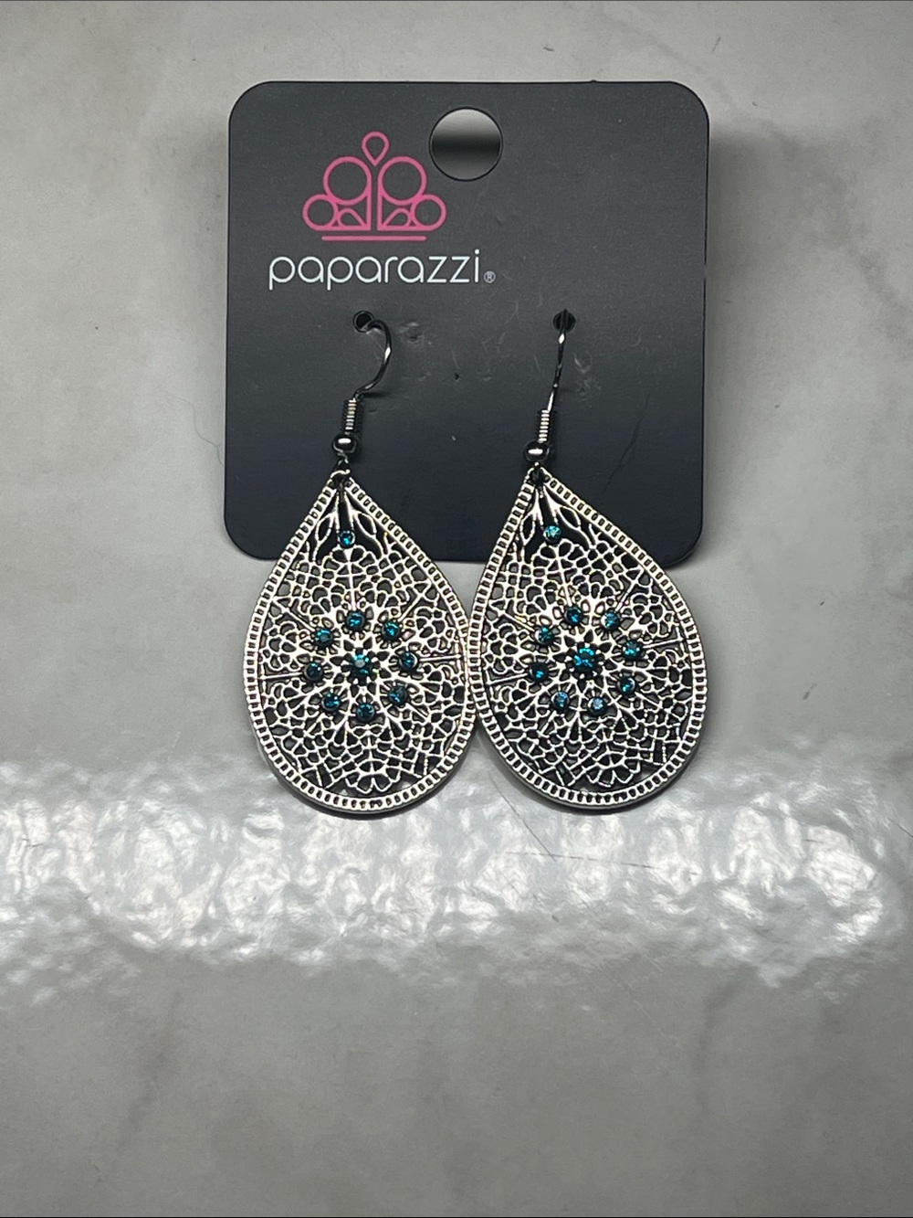 Paparazzi Silver Filigree Teardrop Earrings with Teal Accents